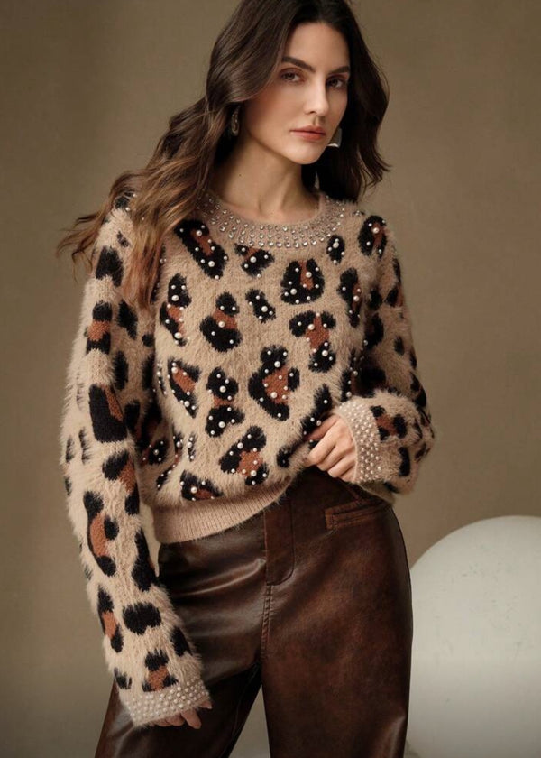 Fuzzy Knit Leopard Studded Crewneck Sweater