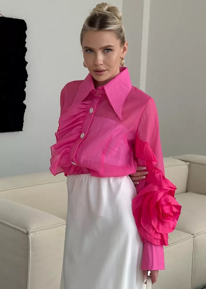 Tailed Collar Bishop Sleeve Ruffle Blouse