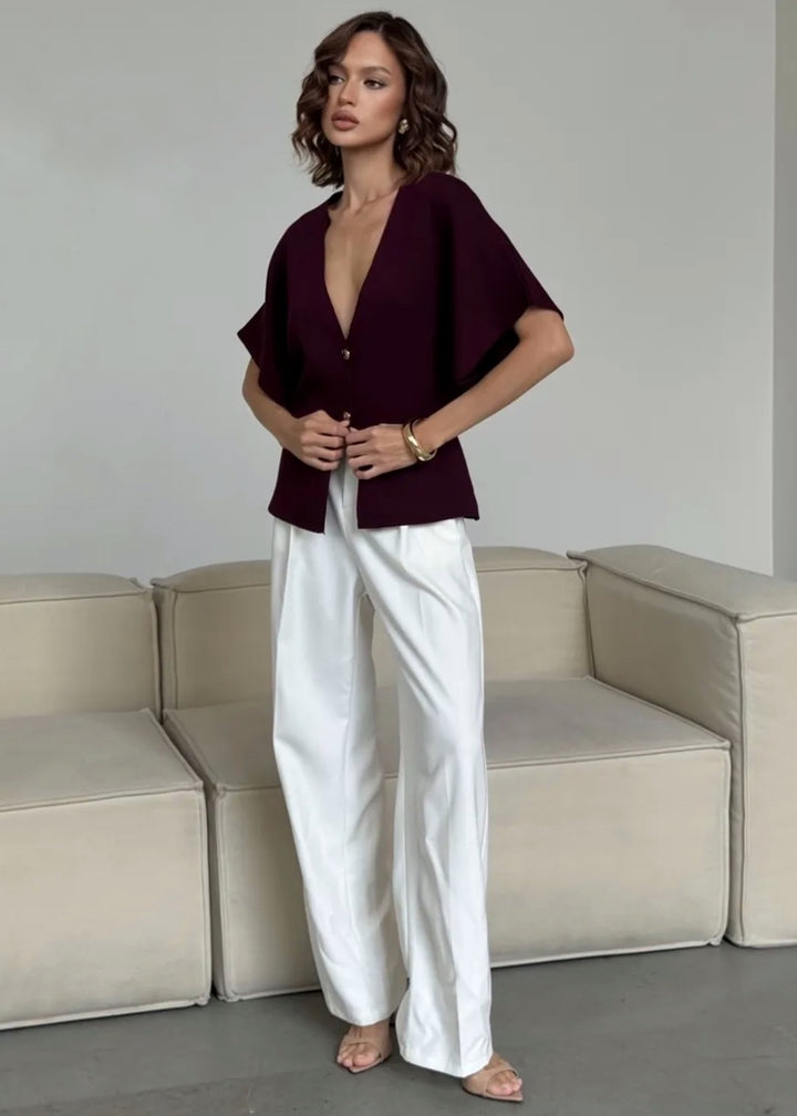 Button-Front V-Neck Loose-Fitting Top