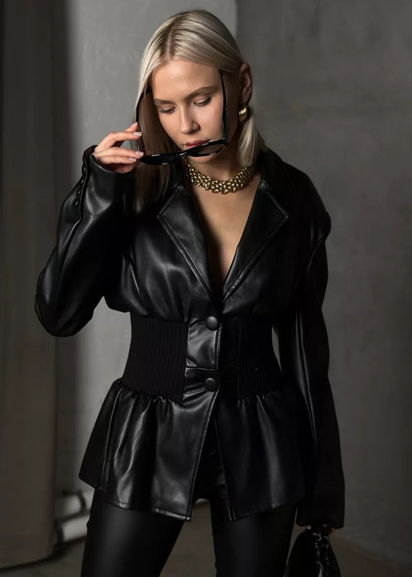 Eco-Leather Waist-Cinching Jacket