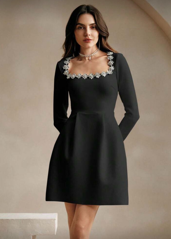 Square Neck Crystal Embellished Long Sleeve Mini Dress