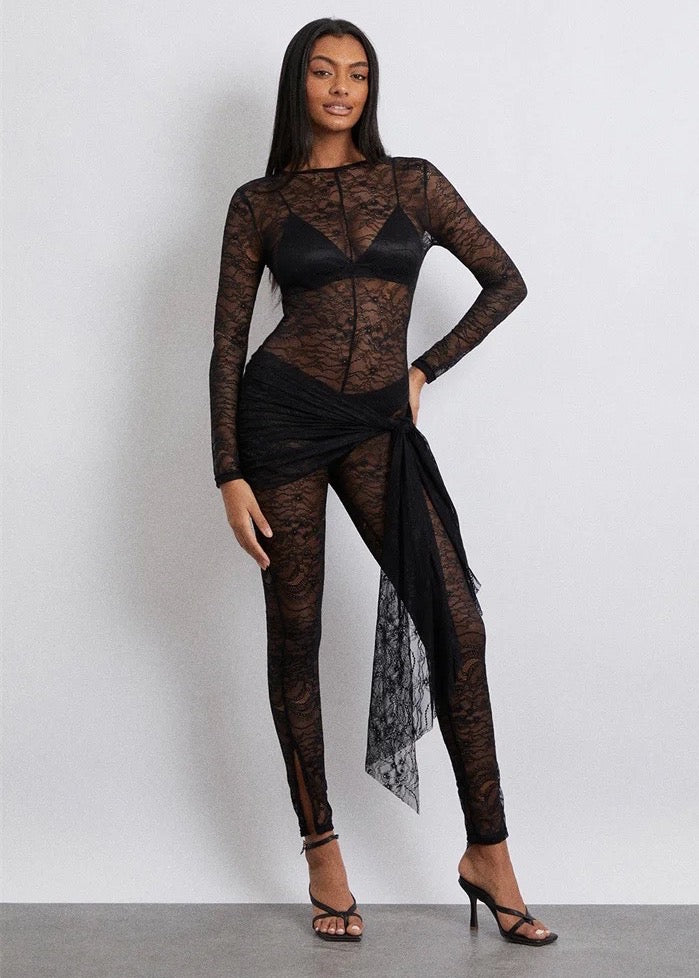 Long Sleeved Lace Sheer Jumpsuit