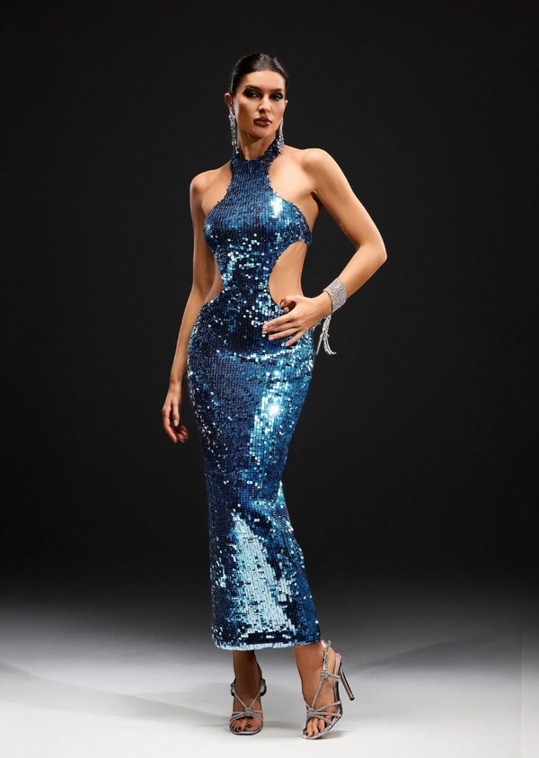 High Neck Sequin Cutout Maxi Dress