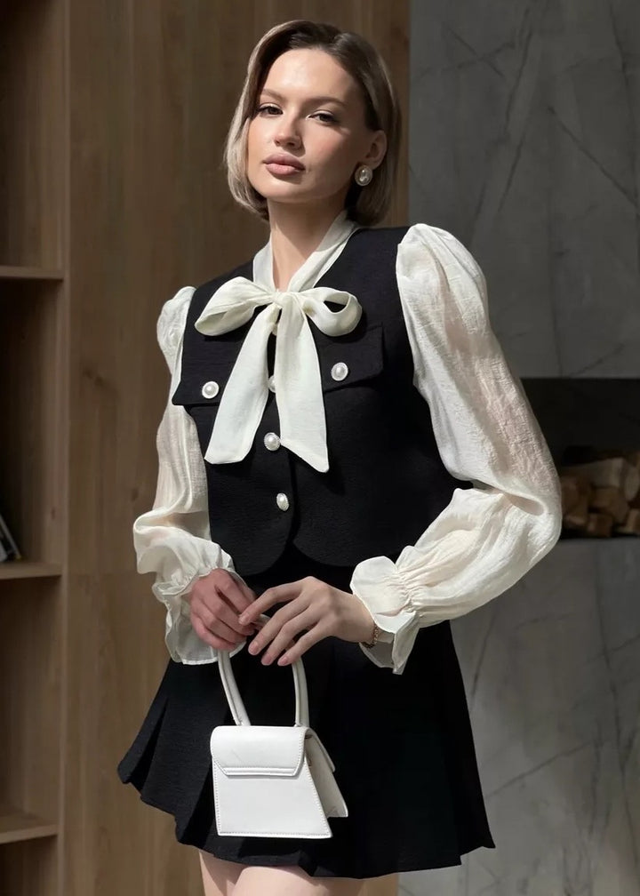 Bowknot Detail Puff Sleeve Blouse & Pleated Skirt Suit