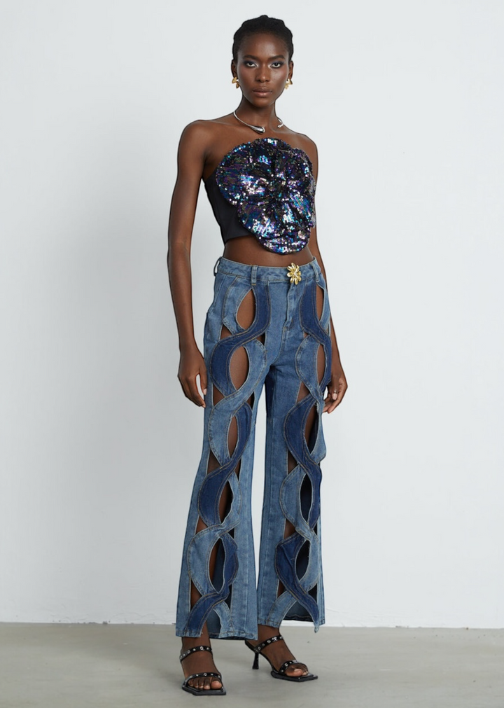 Strapless Sequins Flower Bodice Crop Top