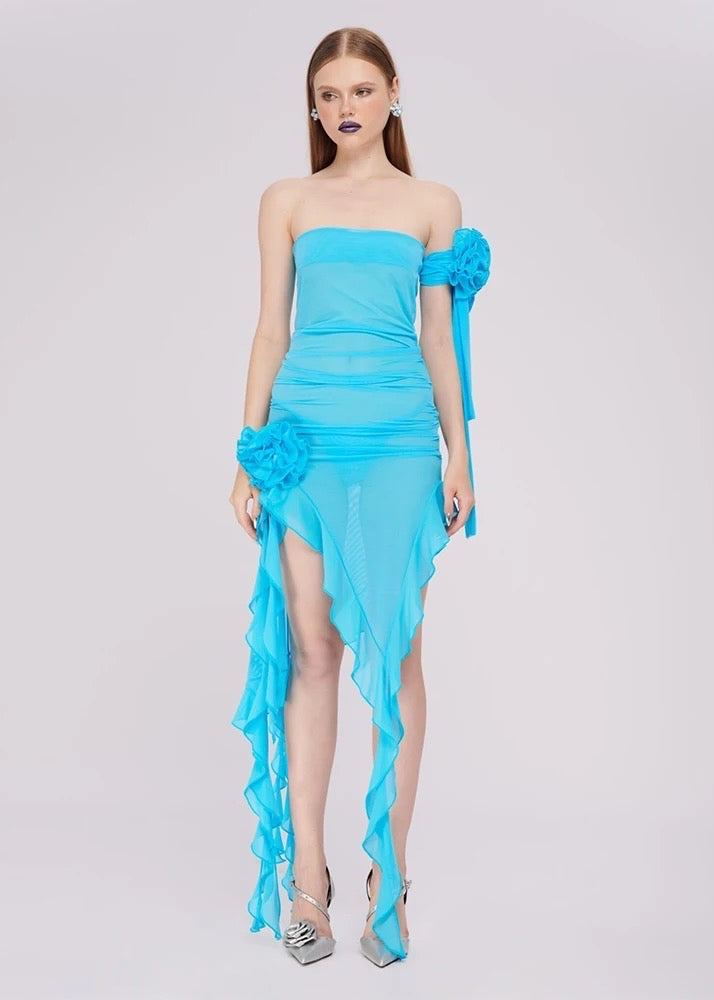 Mesh Ruffle Trim Asymmetrical Hem Tube Dress With Choker