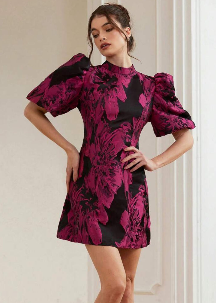 Jacquard Puff Sleeve Mock Neck Dres