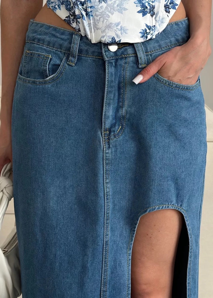 Side Slit Denim Midi Skirt