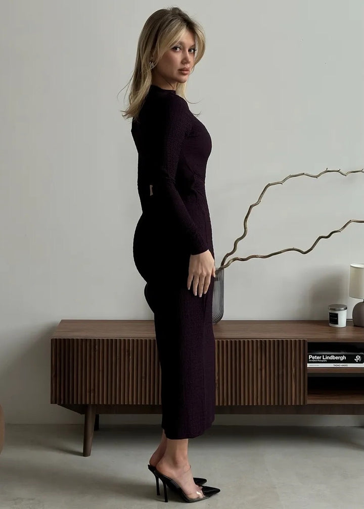 Mock Neck Long Sleeve Cutout Midi Dress