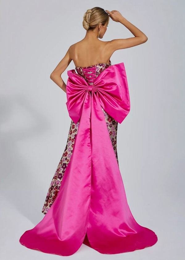Strapless Sequin Floral Slit Gown with Bow