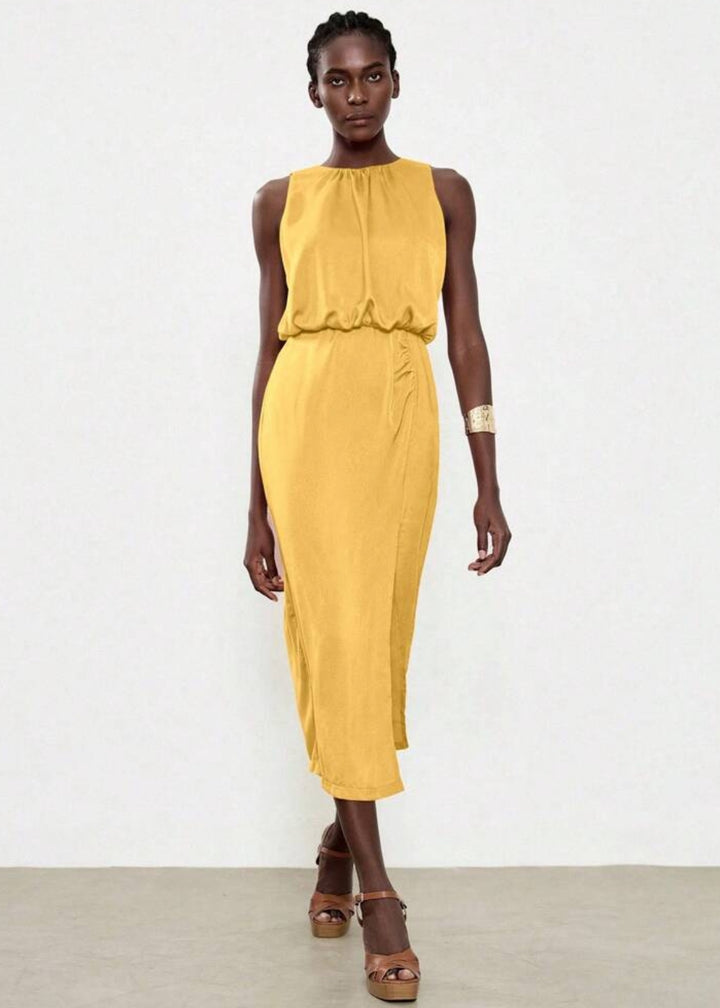 Sleeveless Side Slit Ruched Midi Dress