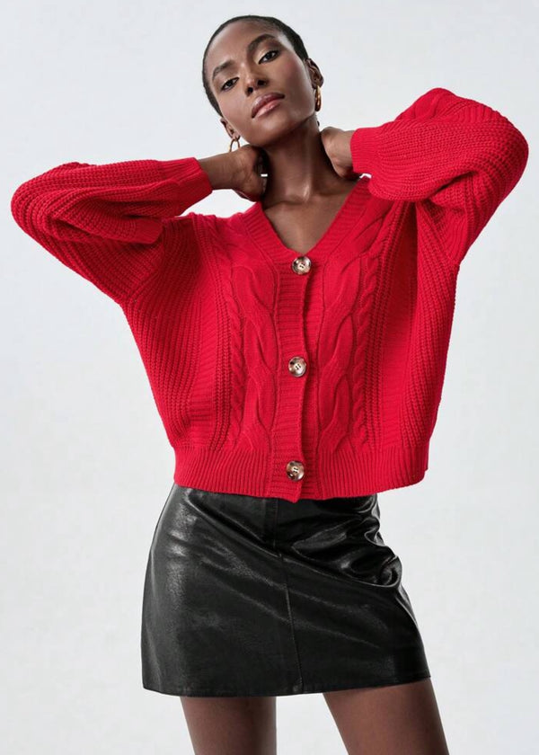 V-Neck Cable Knit Button-Front Cardigan