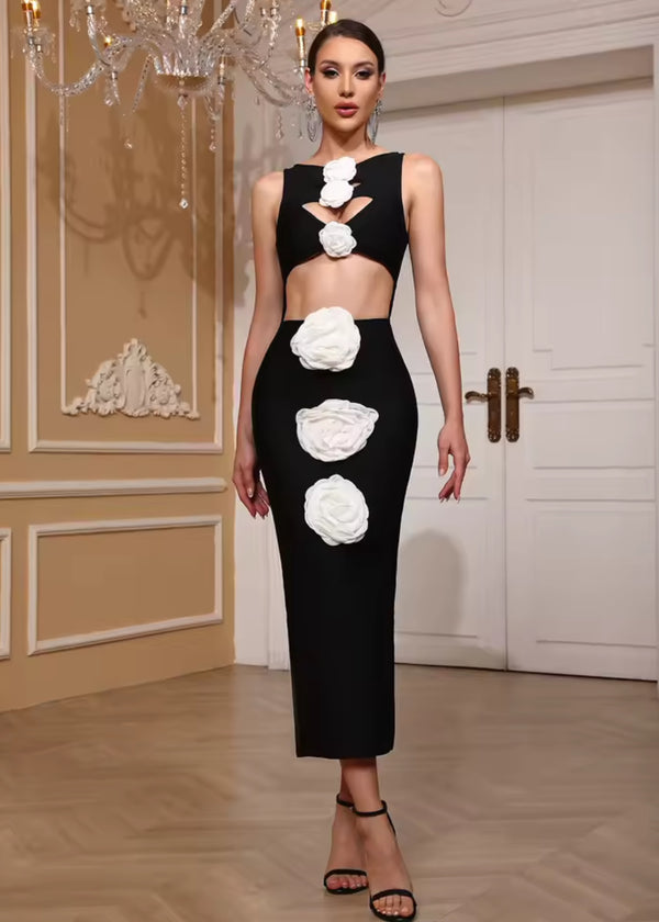 Floral Cutout Midi Rose Applique Dress