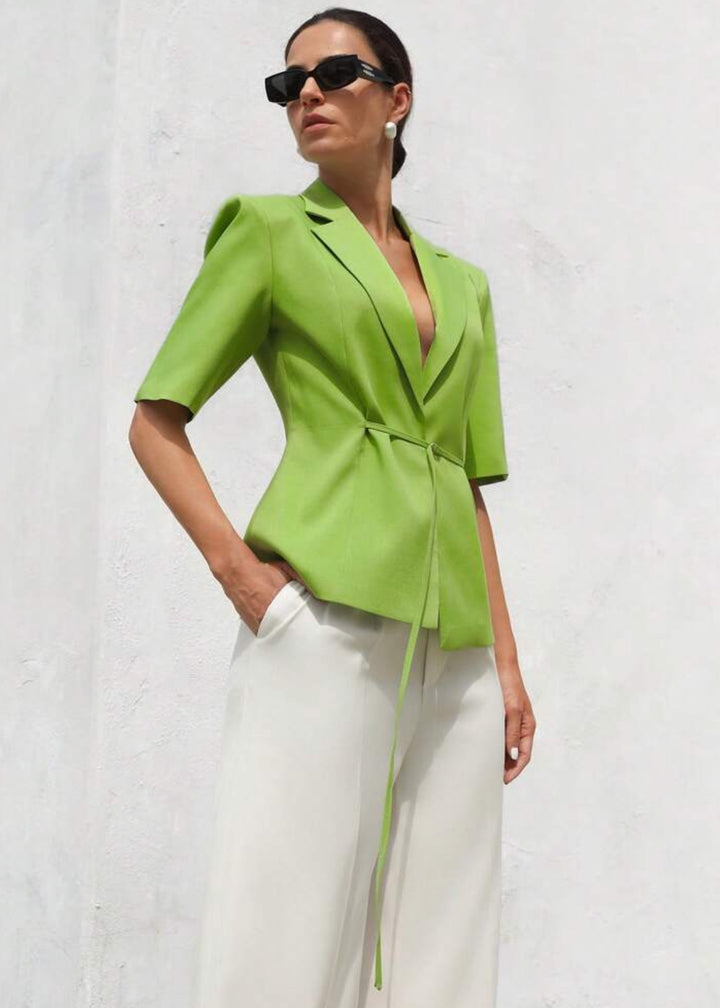 Lapel Neck Short Sleeve Tie Blazer