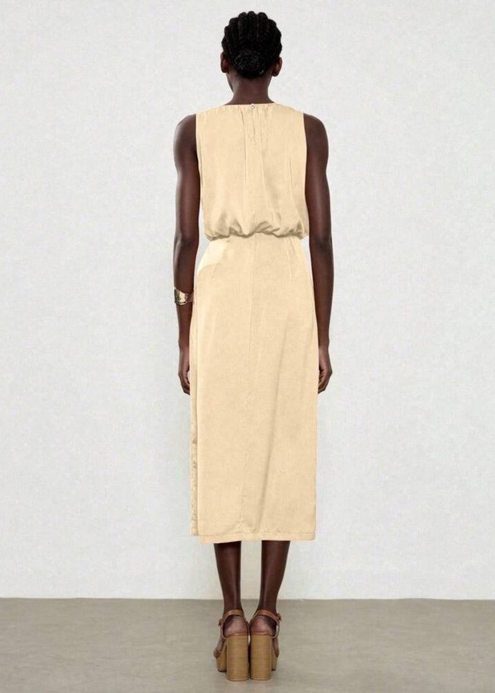 Sleeveless Side Slit Ruched Midi Dress