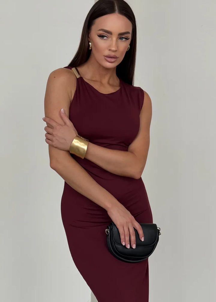 Draped Midi Dress with Gold Accent