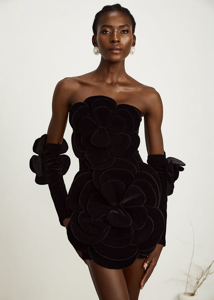 Velvet Floral Bustier Mini Gown with Gloves