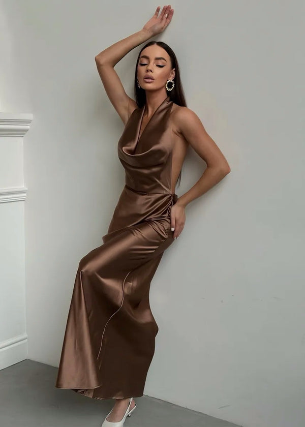 Cowl Neck Backless Satin Maxi Dress