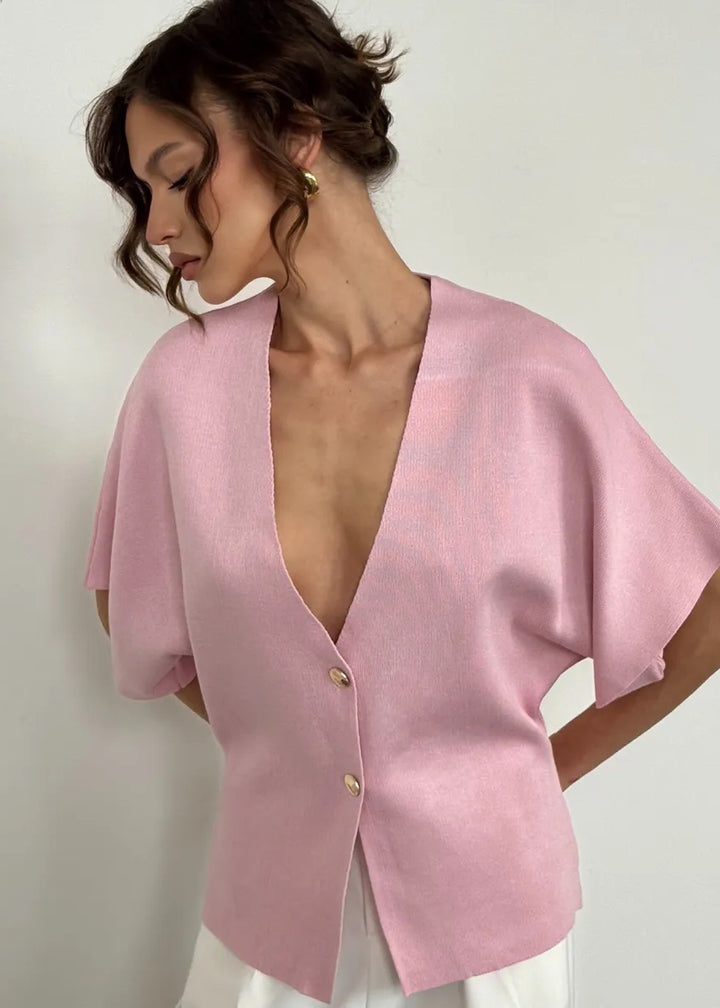 Button-Front V-Neck Loose-Fitting Top