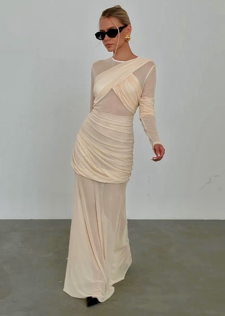 Long Sleeve Ruched Mesh Maxi Dress