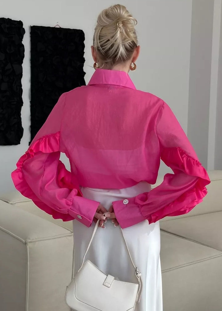 Tailed Collar Bishop Sleeve Ruffle Blouse