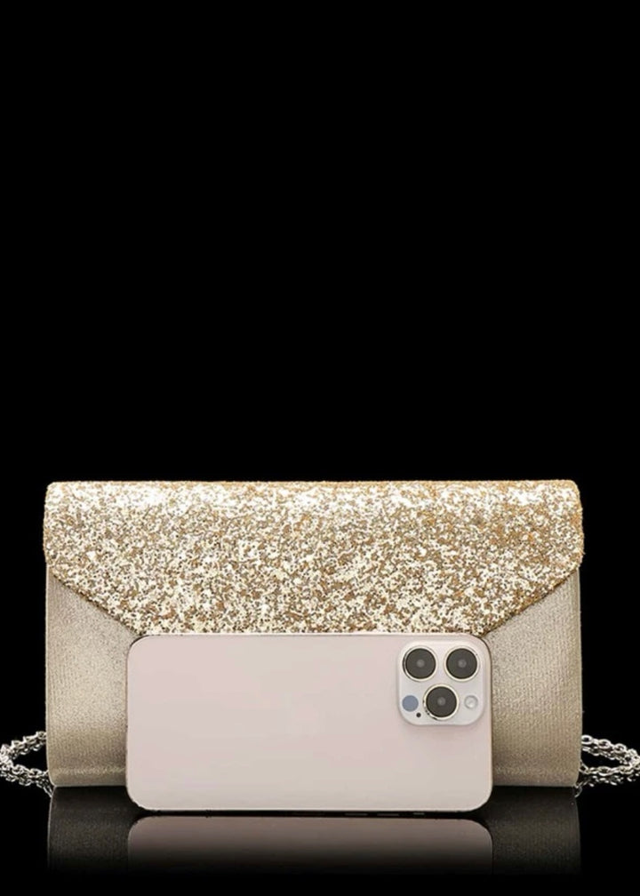 Glitter Panel Metallic Flap Evening Clutch Bag