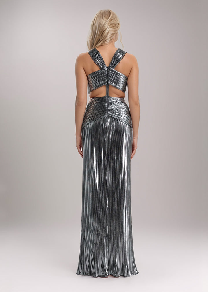 Ornella Halter Pleated Metallic Dress