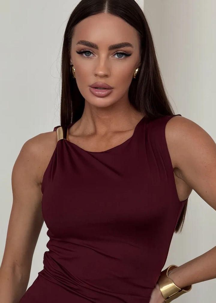 Draped Midi Dress with Gold Accent