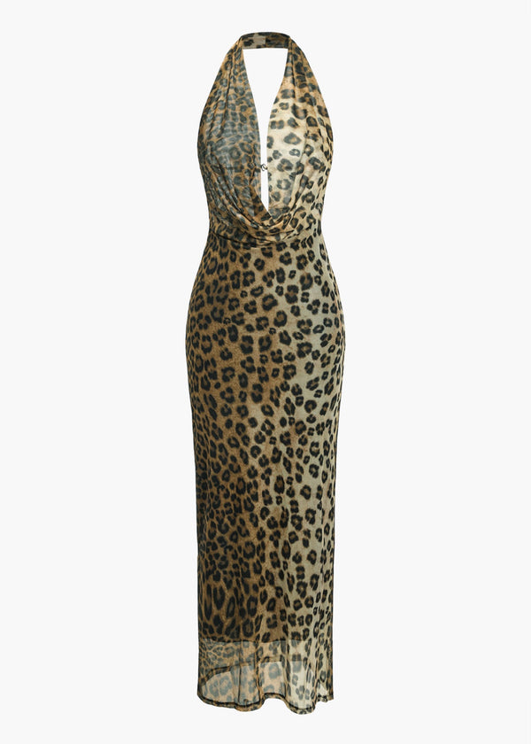 Leopard Print Cowl Neck Halter Maxi Dress