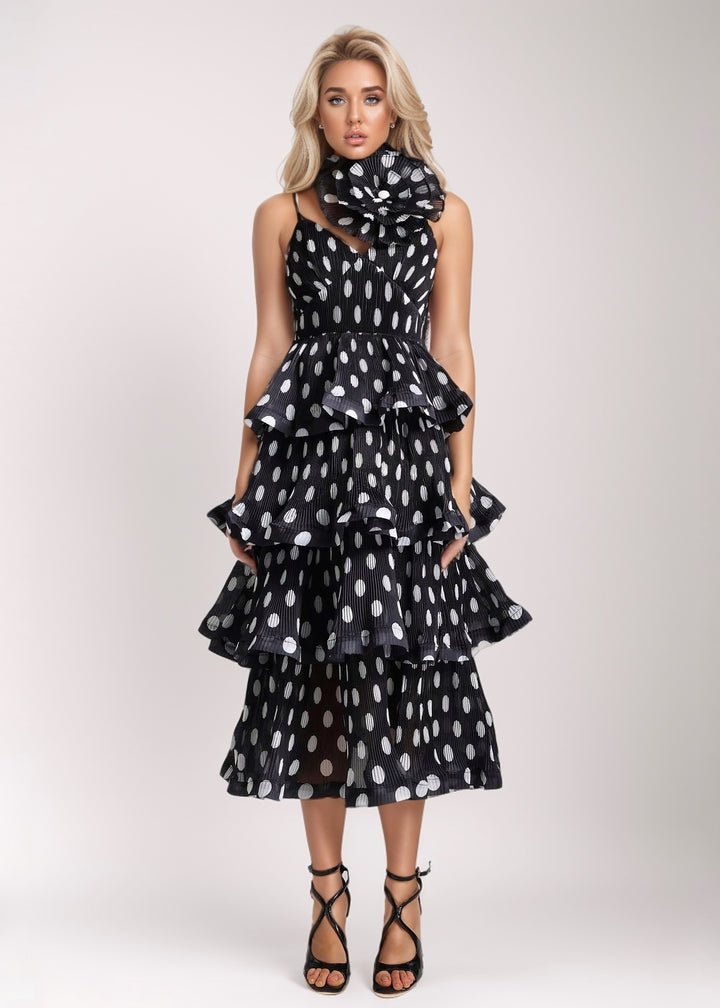 Emilia Polka Dot Print Cascade Dress with Choker