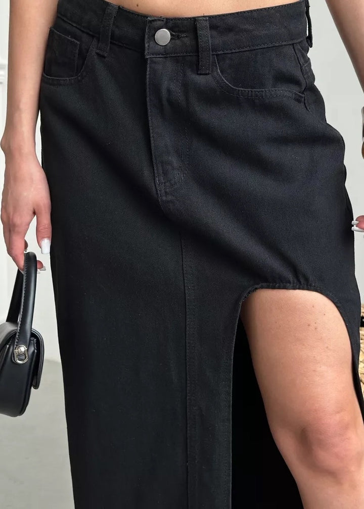 Side Slit Denim Midi Skirt