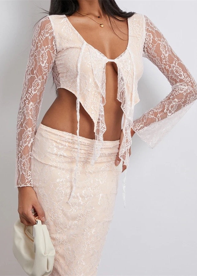 Front-Tied Ruffled Top & Maxi Skirt Floral Lace Set