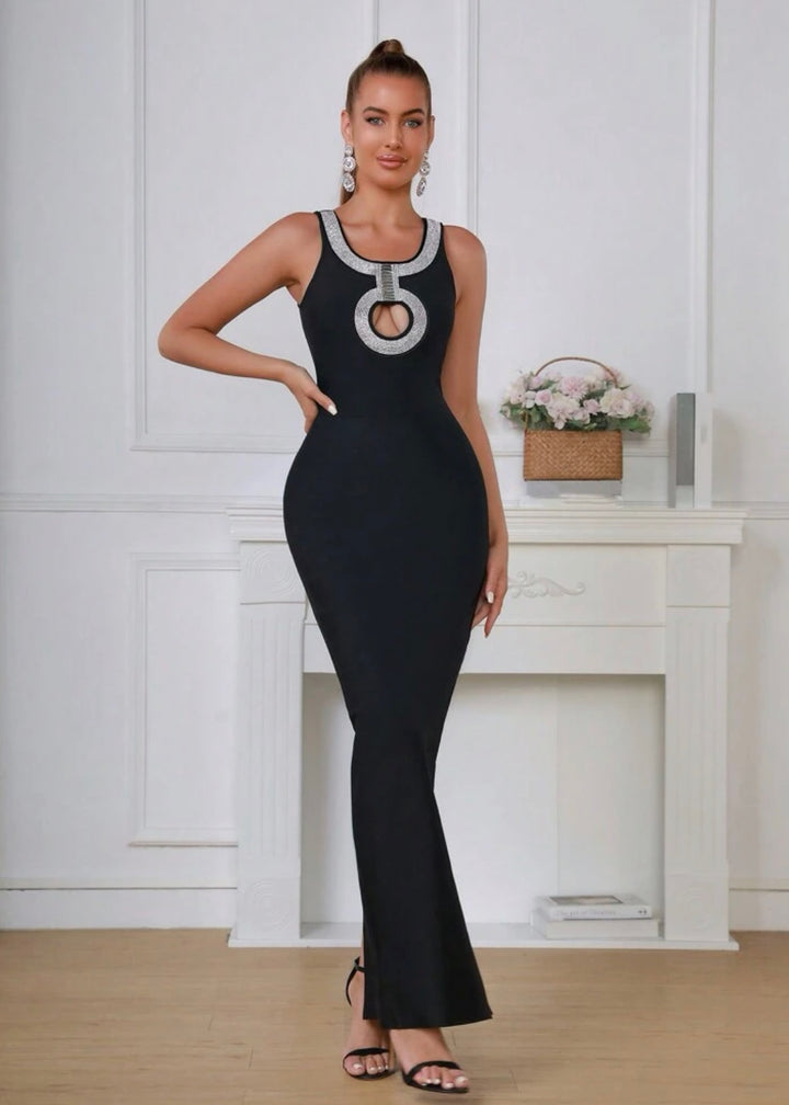 Rhinestone Embellished Hollow Out Bandage Slit Dress