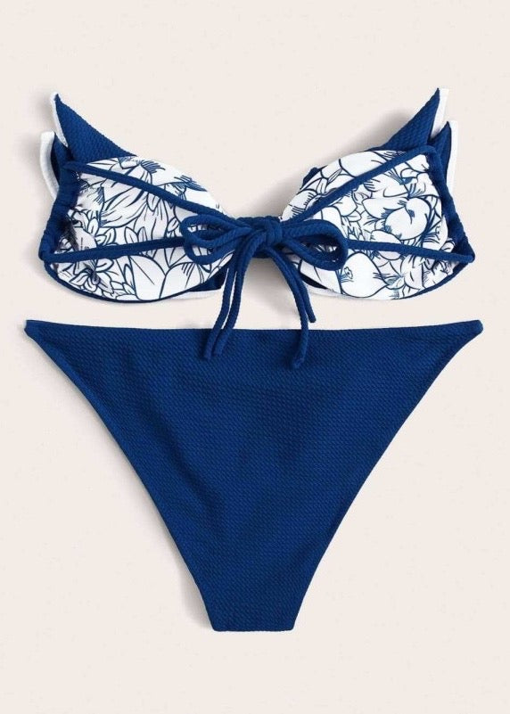Contrast Binding Textured Layered Ruffle Bikini Swimsuit