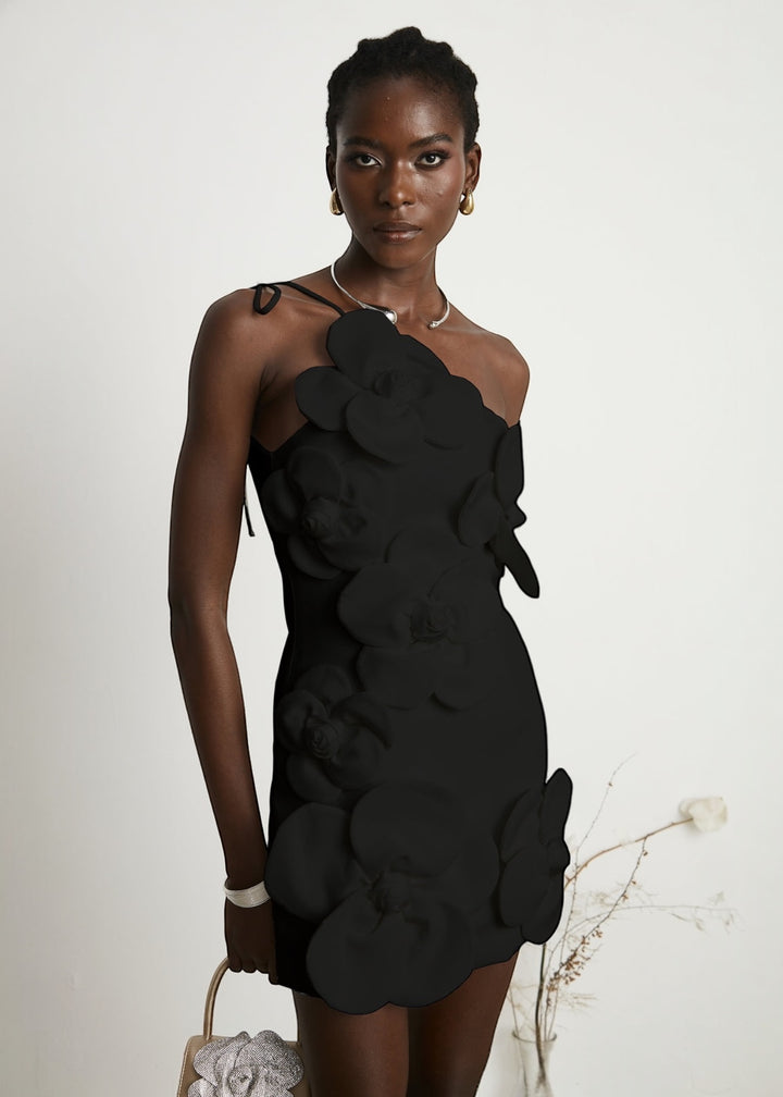 One Shoulder Floral Applique Tie Strap Dress