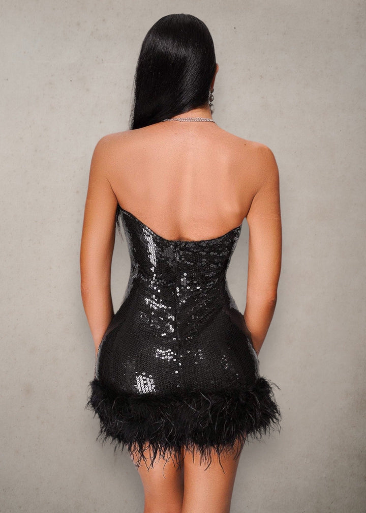 Strapless Feather & Sequins Black Bodycon Dress