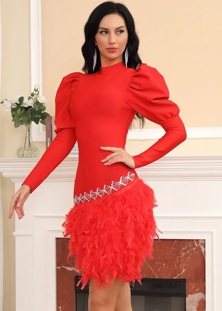 Feather Trim Puff Sleeve Mini Bandage Dress