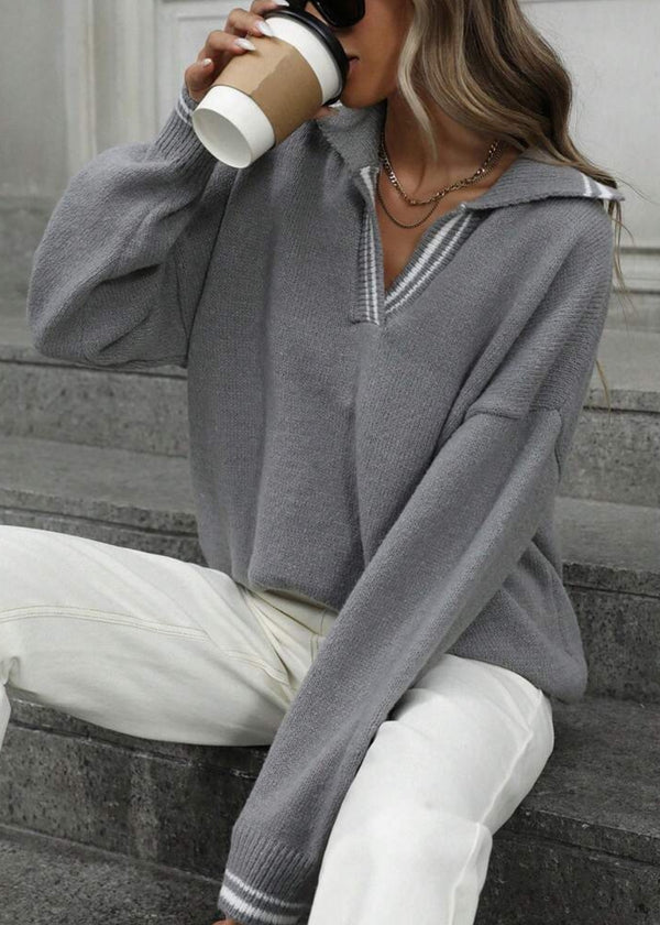 Collared V-Neck Stripe Detail Knit Sweater