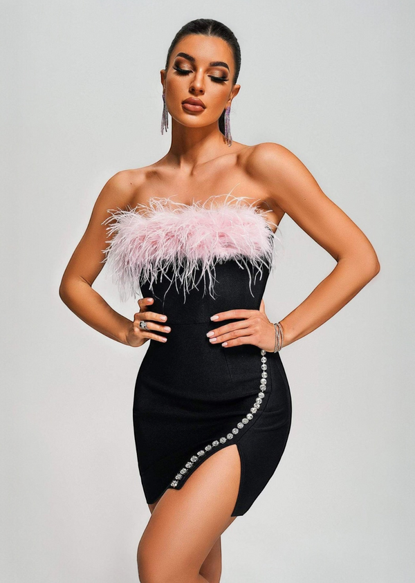 Ostrich-Feather Trim Rhinestone Edge Mini Dress