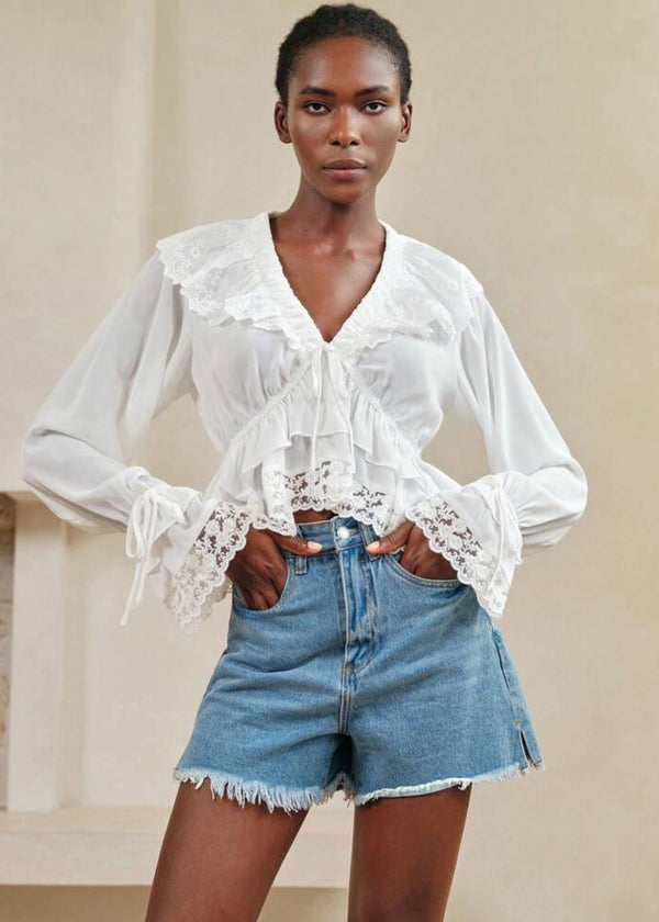 Lace Trim V-Neck Ruffle Blouse
