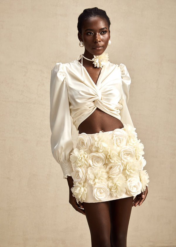 Twisted V-Neck Puff Sleeve Cropped Blouse