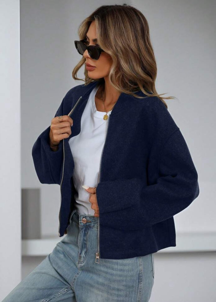 Felted Zip Front Cropped Bomber Jacket