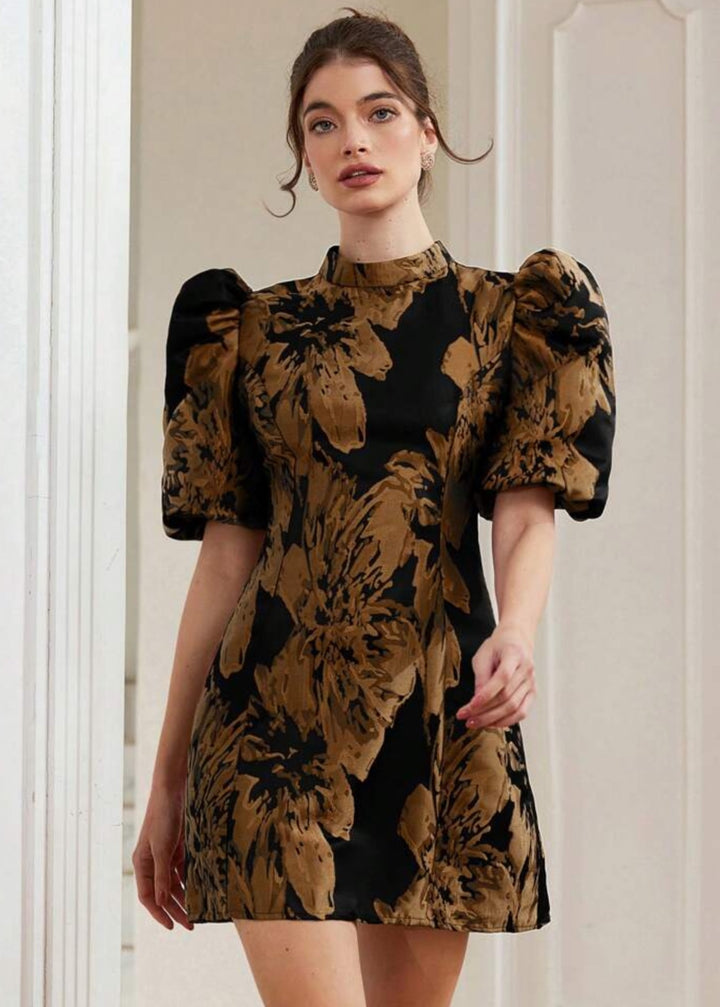 Jacquard Puff Sleeve Mock Neck Dres