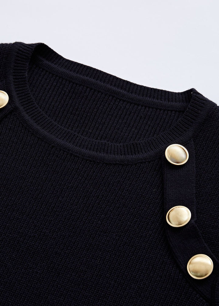 Gigot Sleeve Gold Buttons Decor Knit Top