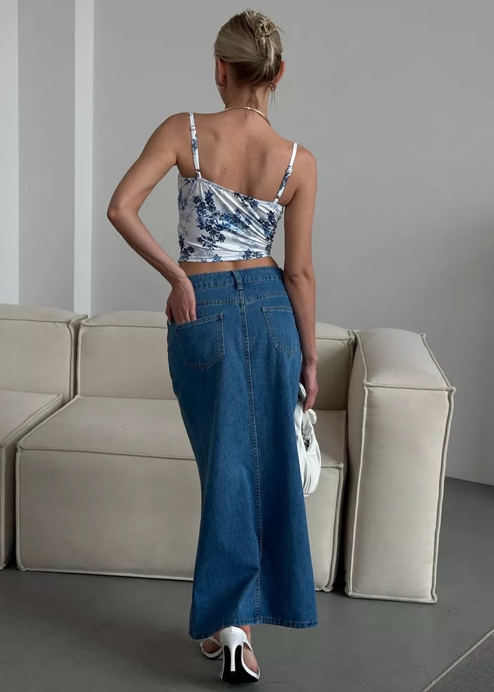 Side Slit Denim Midi Skirt