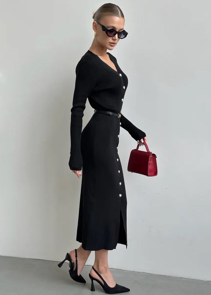 Buttoned Front Belted Knit Midi Dress