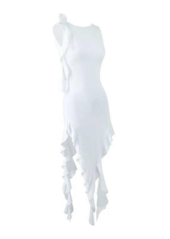 Backless Ruffle Trim Asymmetrical Hem Bodycon Dress