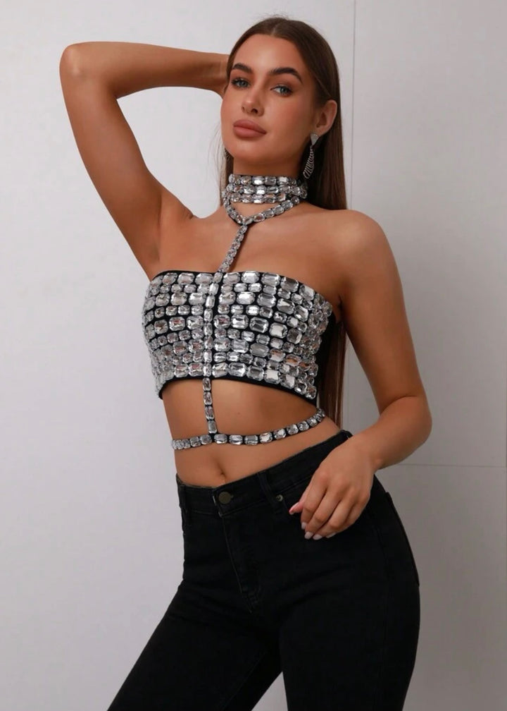 Crystals Embroidered Halter Crop Top