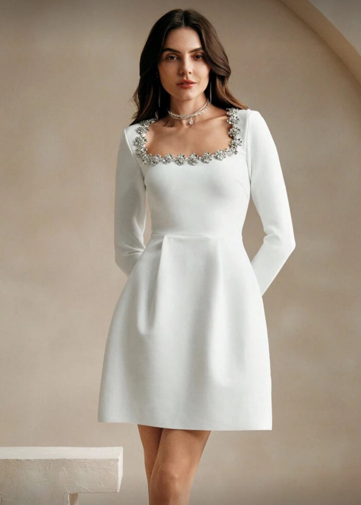 Square Neck Crystal Embellished Long Sleeve Mini Dress