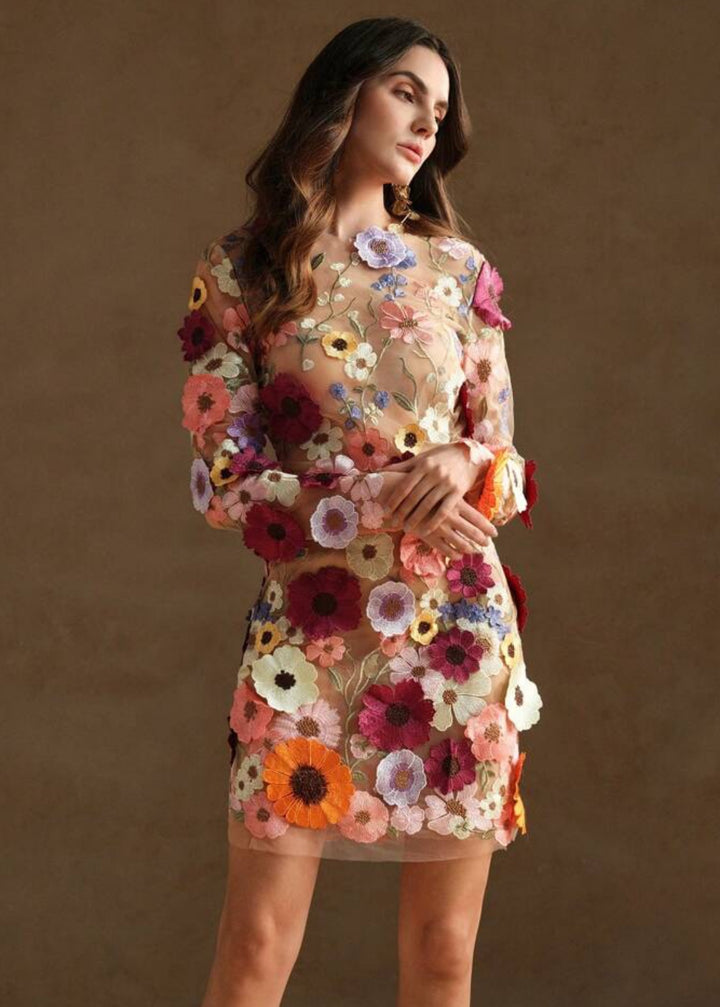 Floral Appliqué Open Back Mini Dress
